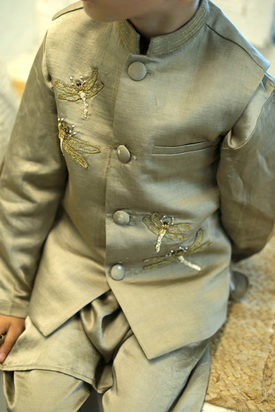 Glowing Dragon Fly handwork Pure Silk Koti Kurta Pajama Set