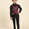 Red Rose Print Pure Waist Coat, Black Shirt and Black Trouser Set - Funny Bones Clothings