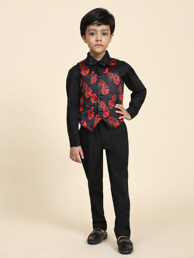 Red Rose Print Pure Waist Coat, Black Shirt and Black Trouser Set - Funny Bones Clothings