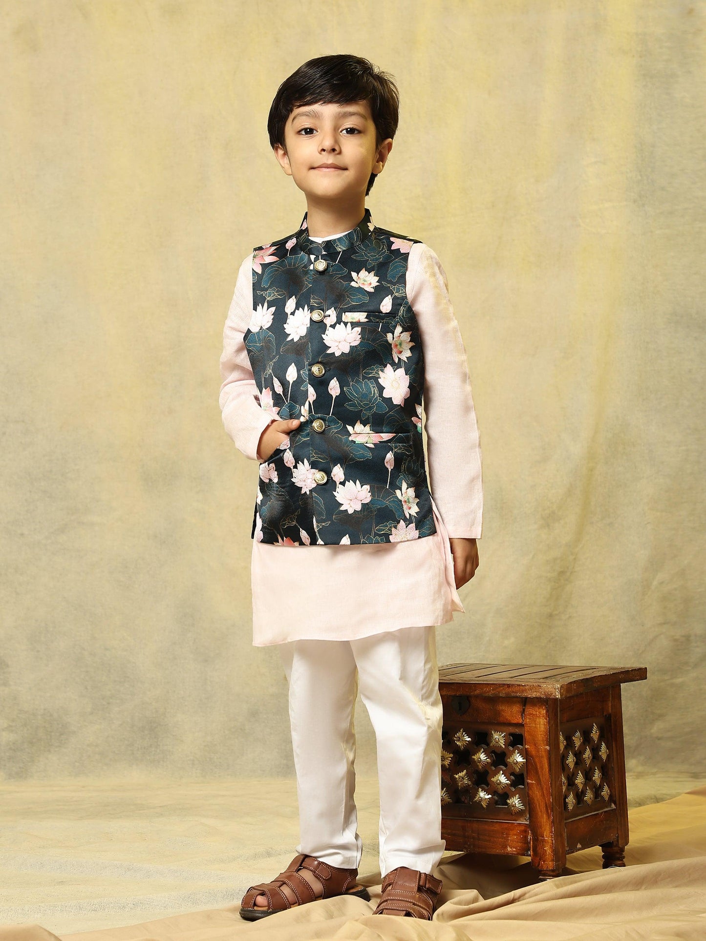 Lotus Print Satin Koti with Pink Kurta White Pajama Set - Funny Bones Clothings