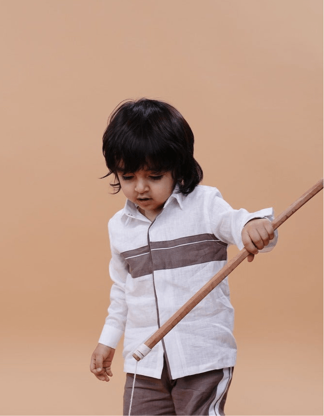 Striped Style White Brown Color Pure Linen Shirt