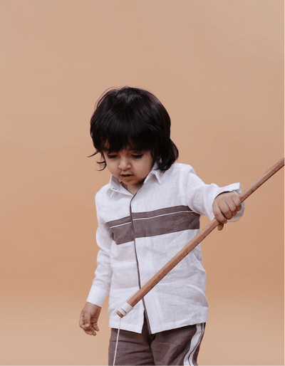 Striped Style White Brown Color Pure Linen Shirt