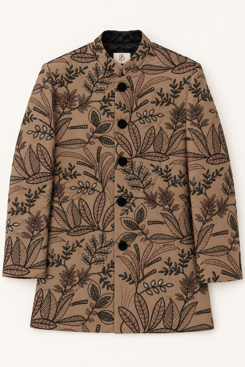 Camel Brown Floral Embroidered Achkan & Jodhpuri Set