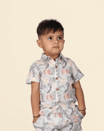 Grey Leaves Print Pure Linen Shirt