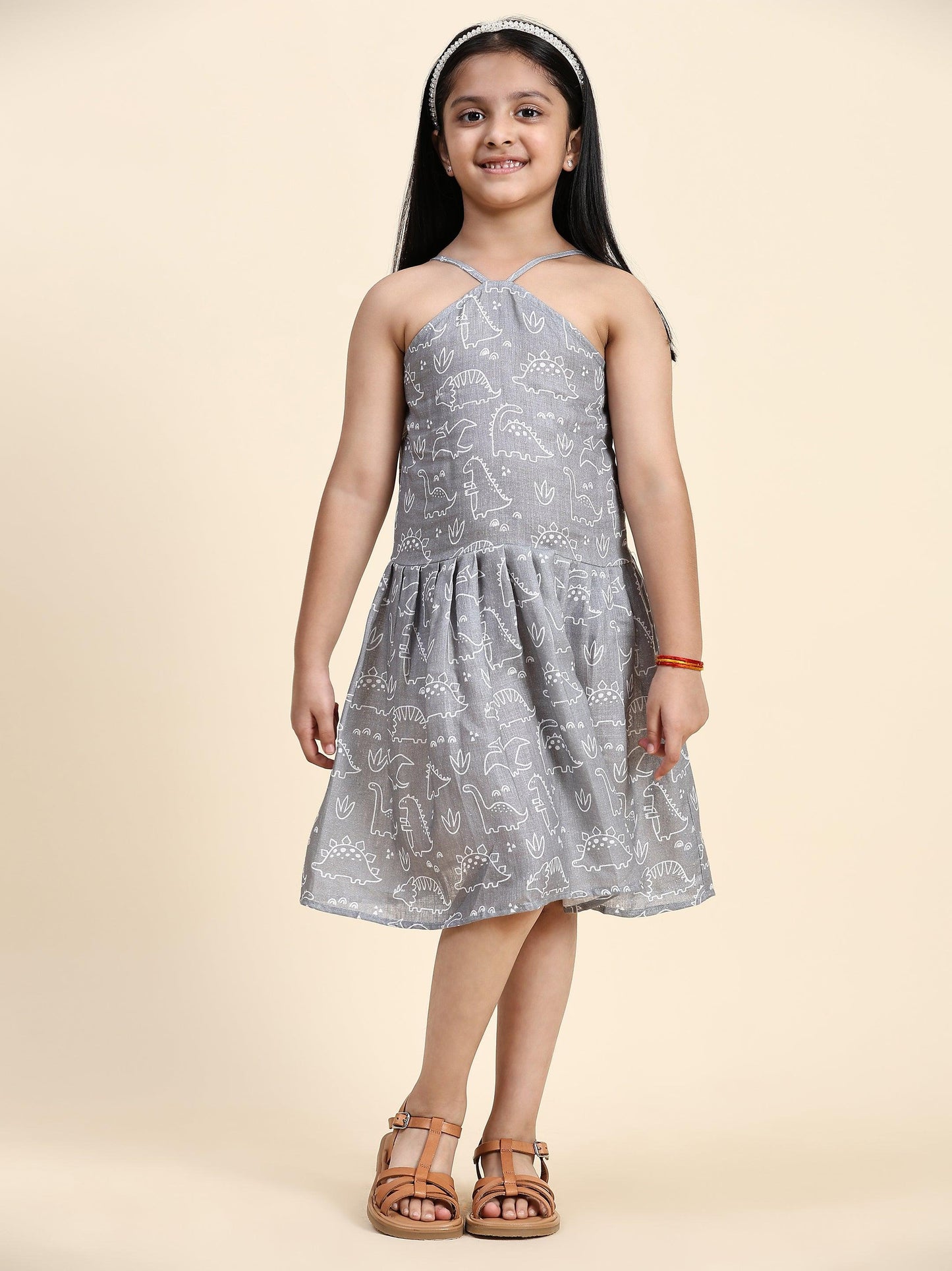 TopSkirt Styled Dino Print Pure Linen Dress - Funny Bones Clothings