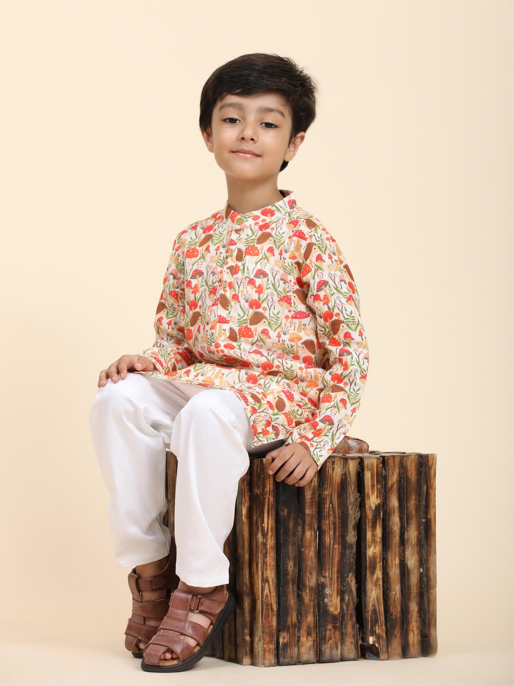 Mushroom Print Pure Linen Kurta and Premium Cotton Pajama Set - Funny Bones Clothings