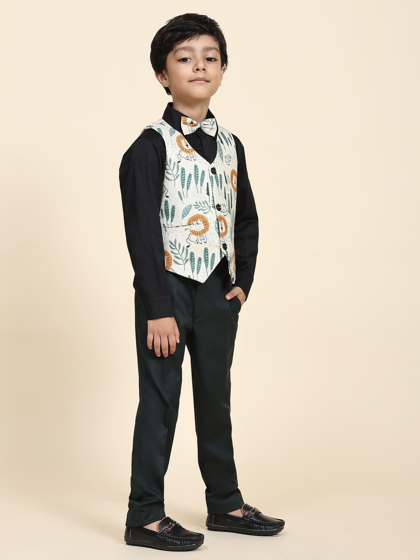 Lion Pure Waist Coat, Black Shirt and Green Trouser Set - Funny Bones Clothings
