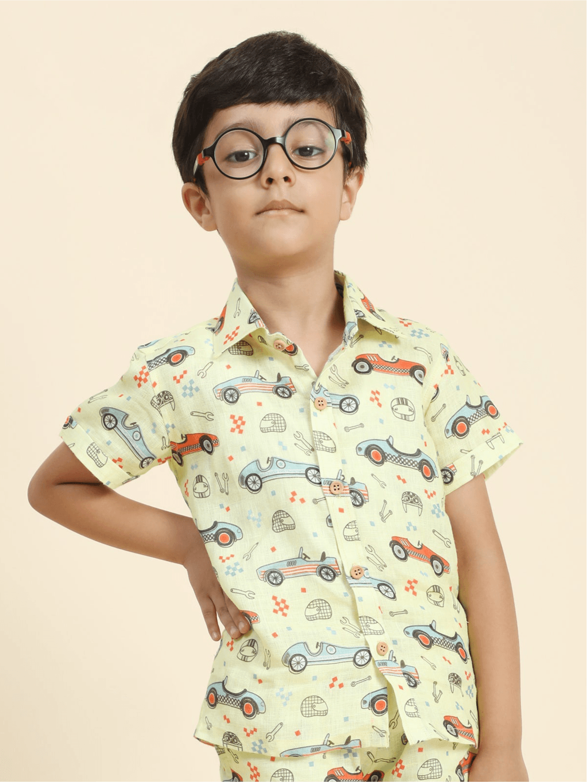 Yellow Car Print Pure Linen Shirt