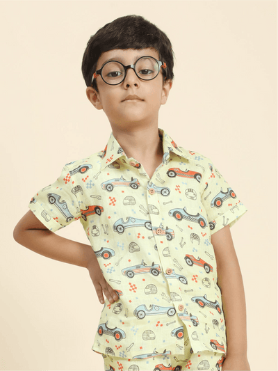Yellow Car Print Pure Linen Shirt