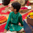 Indian boy wearing the The Storyteller kurta pajama set in Pure Soft Silk (Extra Soft), Emerald Teal — FunnyBones.in Mehfil '26 festive collection.