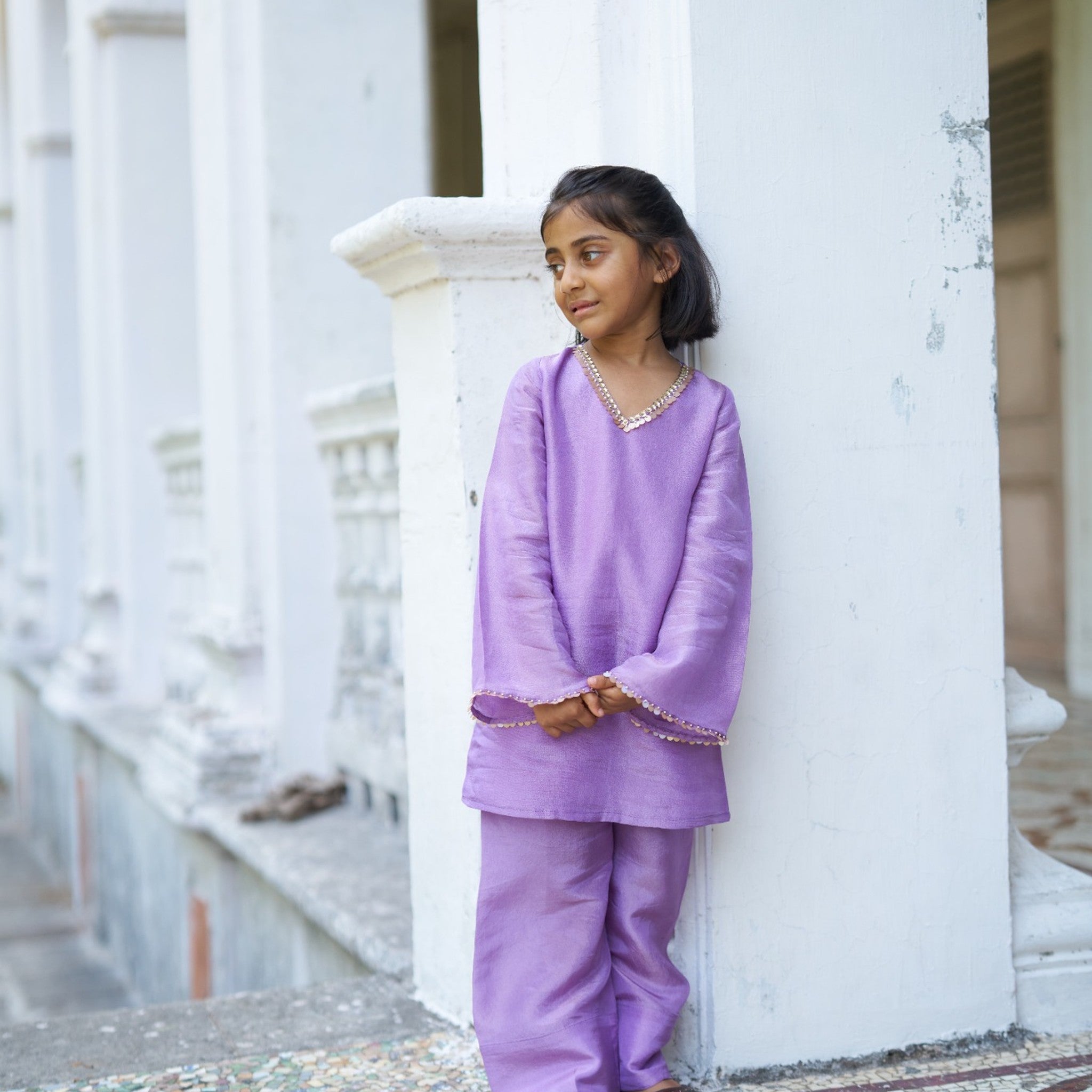 Indian girl wearing the Lavender Ragas kurti palazzo set in Pure Soft Silk (Extra Soft), Soft Lilac — FunnyBones.in Mehfil '26 festive collection.
