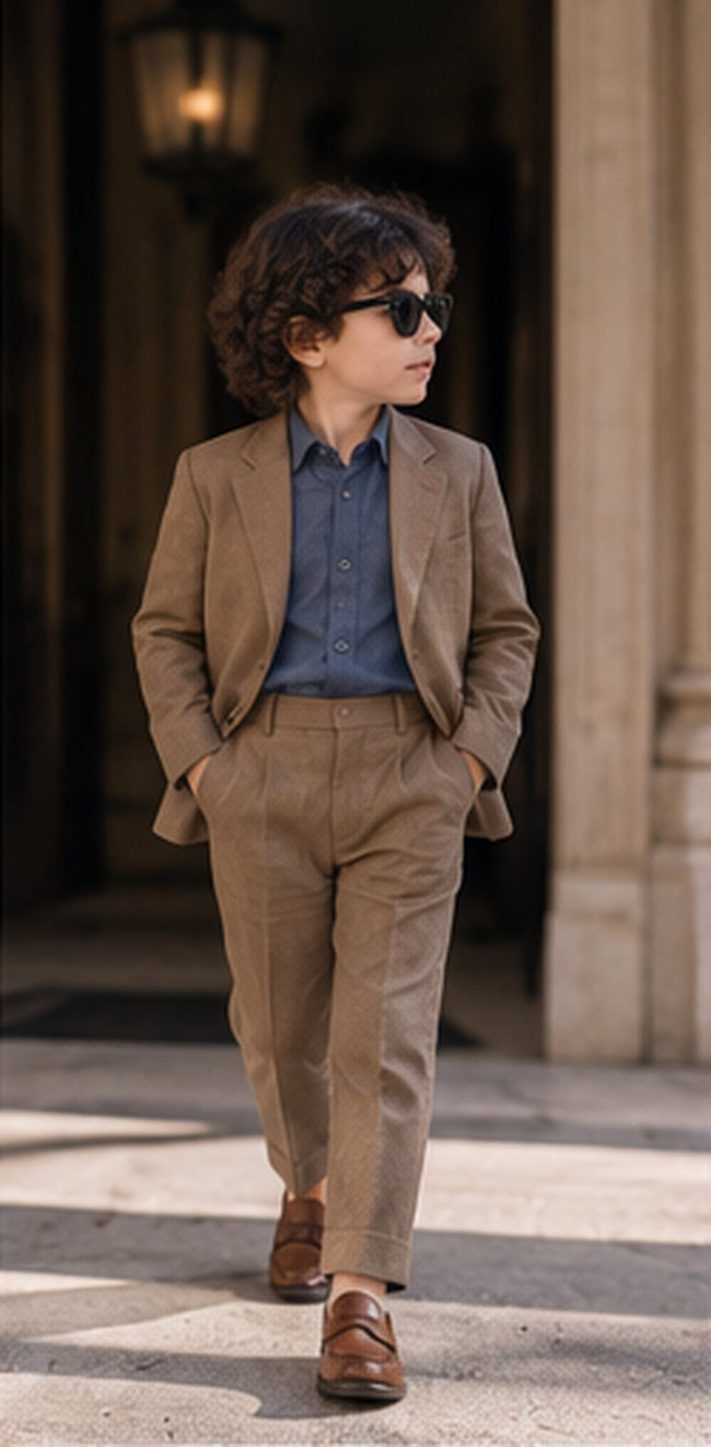Mocha Sundowner – Pure Linen Blazer, Pants, Shirt & Bow Set