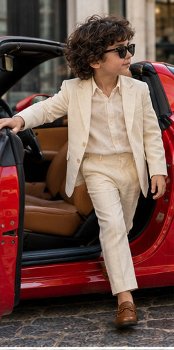 Pearl Promenade – Off-White Pure Linen Blazer, Pants & Shirt Set