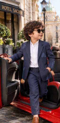 Navy Nocturne – Pure Linen Embroidered Blazer, Pants & Shirt Set