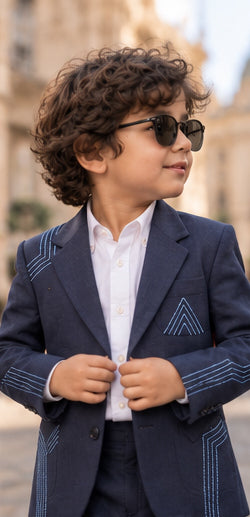 Navy Nocturne – Pure Linen Embroidered Blazer, Pants & Shirt Set