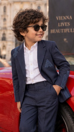 Navy Nocturne – Pure Linen Embroidered Blazer, Pants & Shirt Set