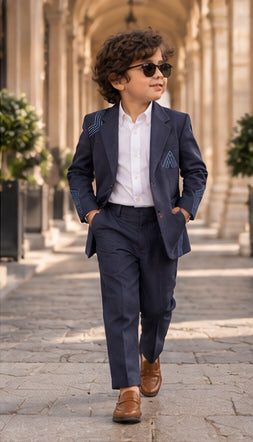 Navy Nocturne – Pure Linen Embroidered Blazer, Pants & Shirt Set