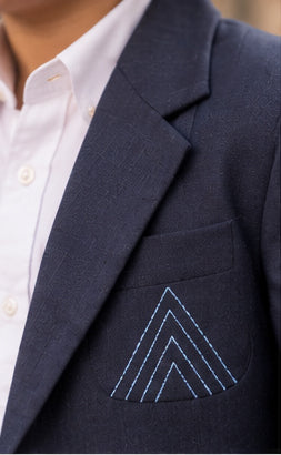 Navy Nocturne – Pure Linen Embroidered Blazer, Pants & Shirt Set
