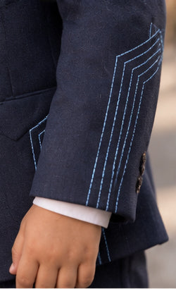 Navy Nocturne – Pure Linen Embroidered Blazer, Pants & Shirt Set