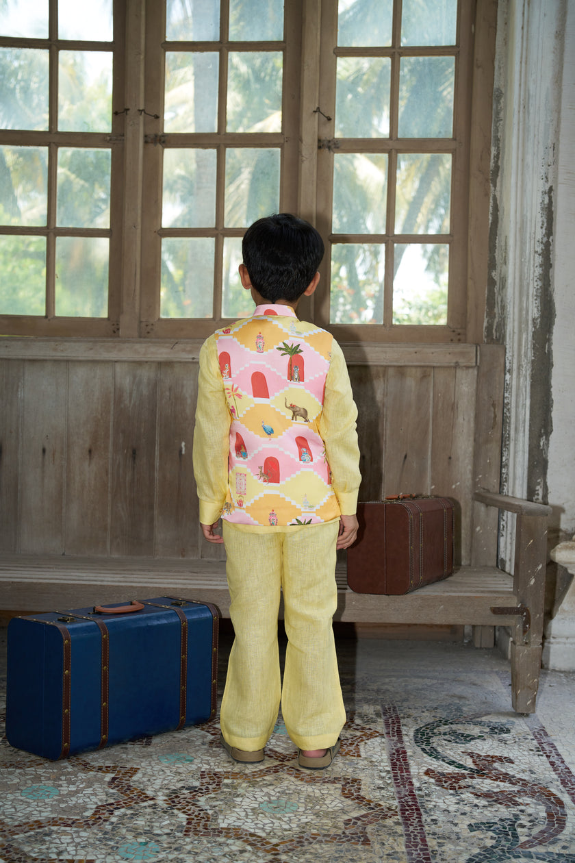 Pichwai Pure Satin Silk Koti Pure Pure Linen Kurta Pajama Set