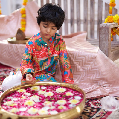 boy wearing the Rang Mahal kurta pajama set in Pure Muslin Silk, Multicolour Digital Print — FunnyBones.in Mehfil '26 festive collection.