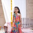 Indian girl wearing the Rang Mahal top skirt set in Pure Muslin Silk, Multicolour Digital Print — FunnyBones.in Off Shoulder Dress
