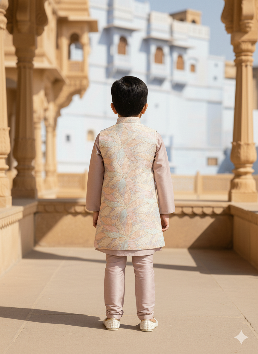 Floral Elegance Silk Long Koti Pure Cotton Kurta Pajama Set