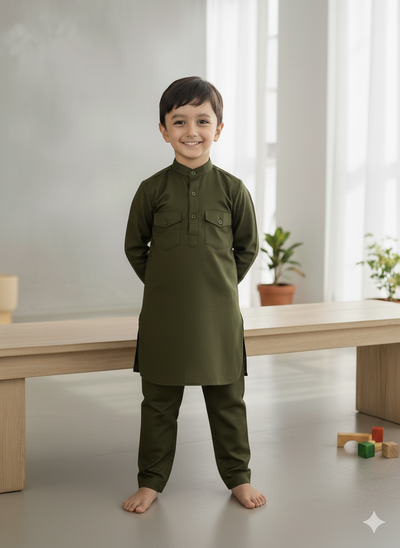 Solid Metallic Black Pure Cotton Pathani Set