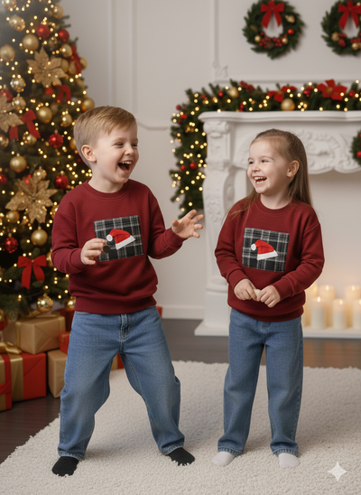 Maroon Checkered Christmas Cap Appliqué T-Shirt