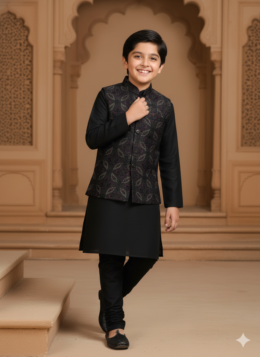 Threaded Blossom Embriodered Silk Koti Pure Cotton Kurta Pajama Set - Black