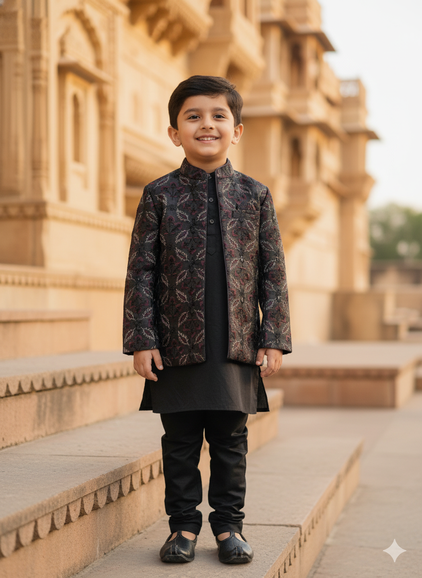 Threaded Blossom Embriodered Silk Open Jodhpuri  Pure Cotton Kurta Pajama Set -  Black