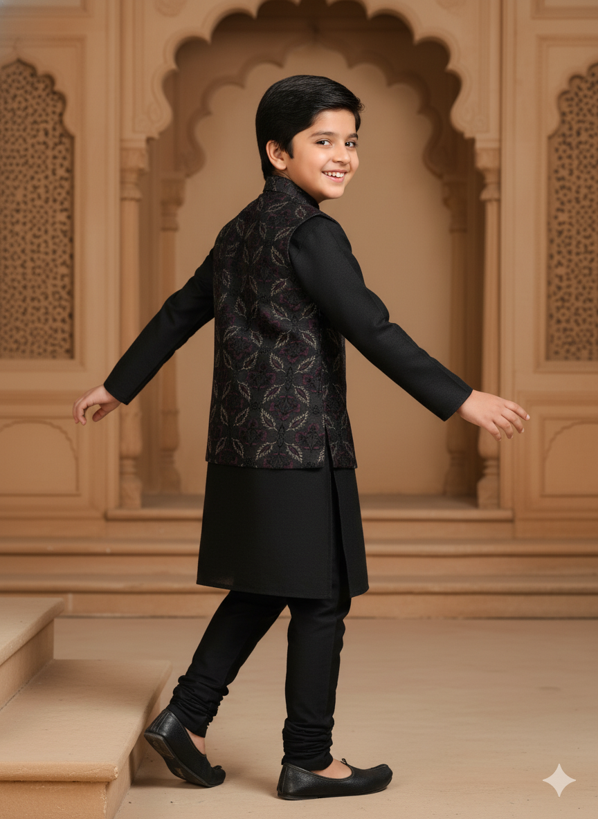 Threaded Blossom Embriodered Silk Koti Pure Cotton Kurta Pajama Set - Black