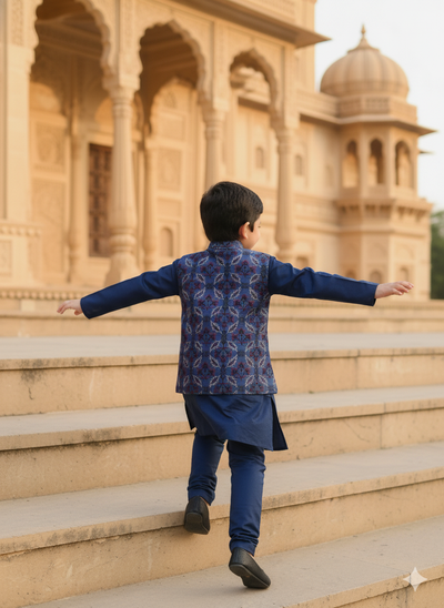 Threaded Blossom Embriodered Silk Koti Pure Cotton Kurta Pajama Set - Blue