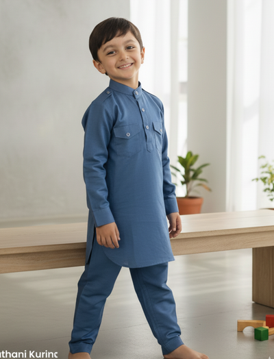 Solid Metallic Blue Pure Cotton Pathani Set.