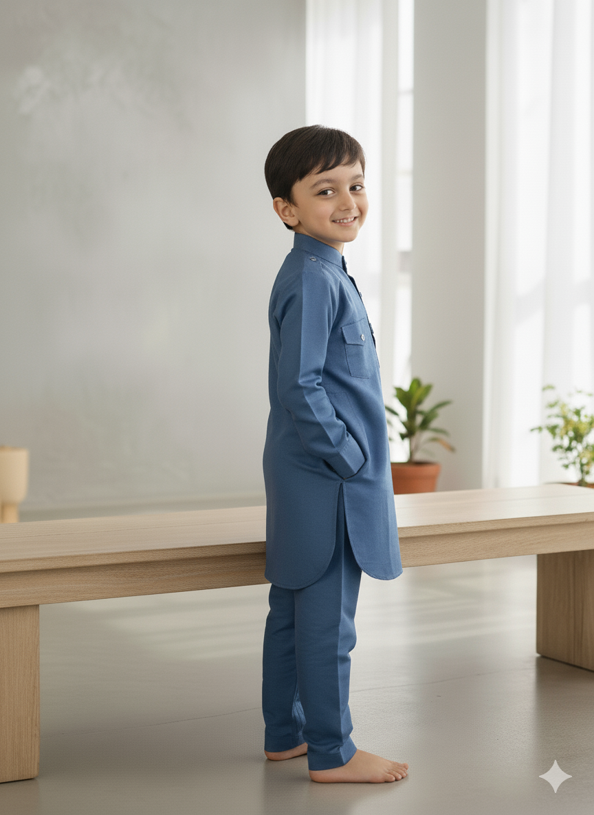 Solid Metallic Blue Pure Cotton Pathani Set.