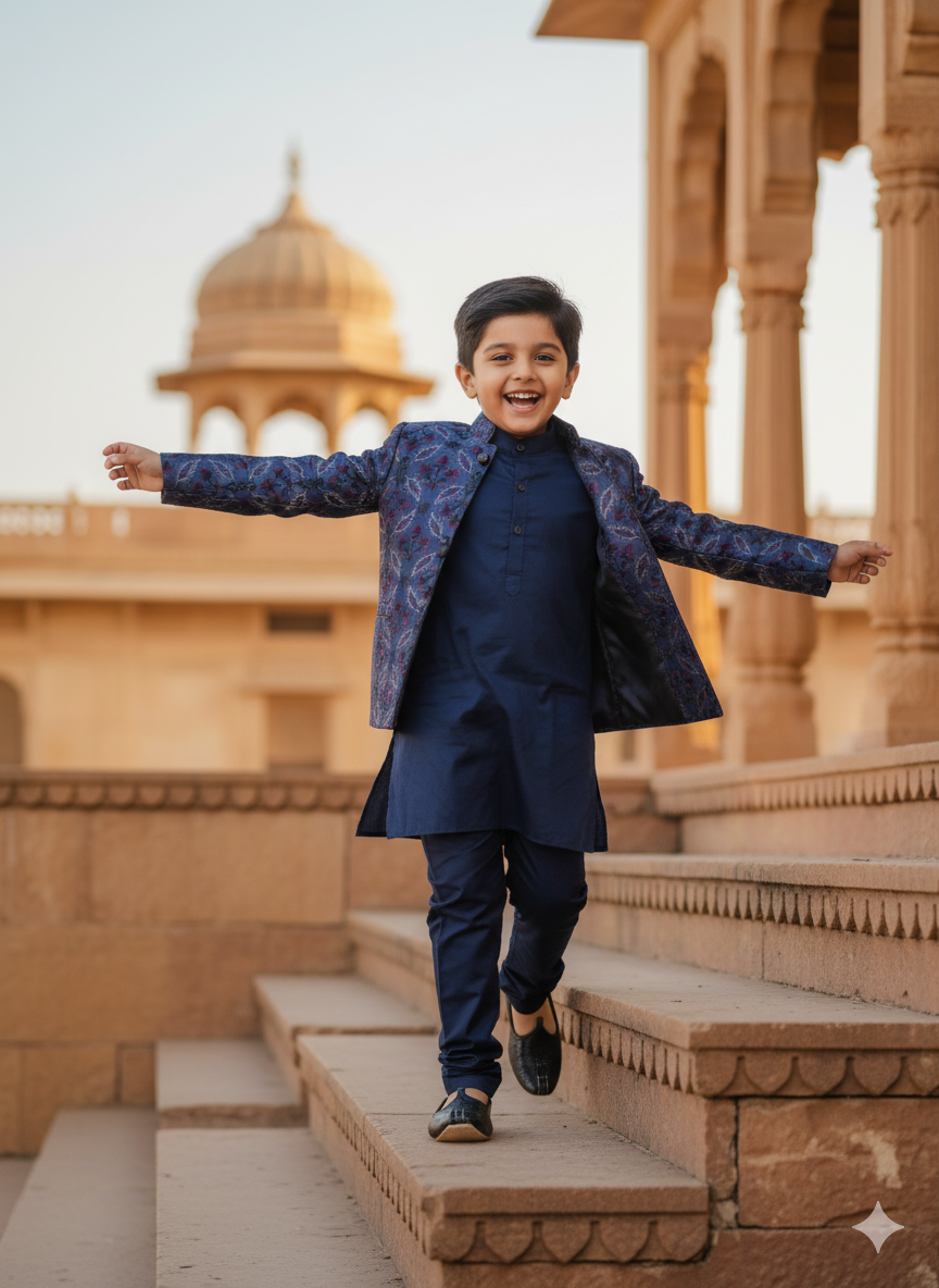 Threaded Blossom Embriodered Silk Open Jodhpuri  Pure Cotton Kurta Pajama Set -  Blue