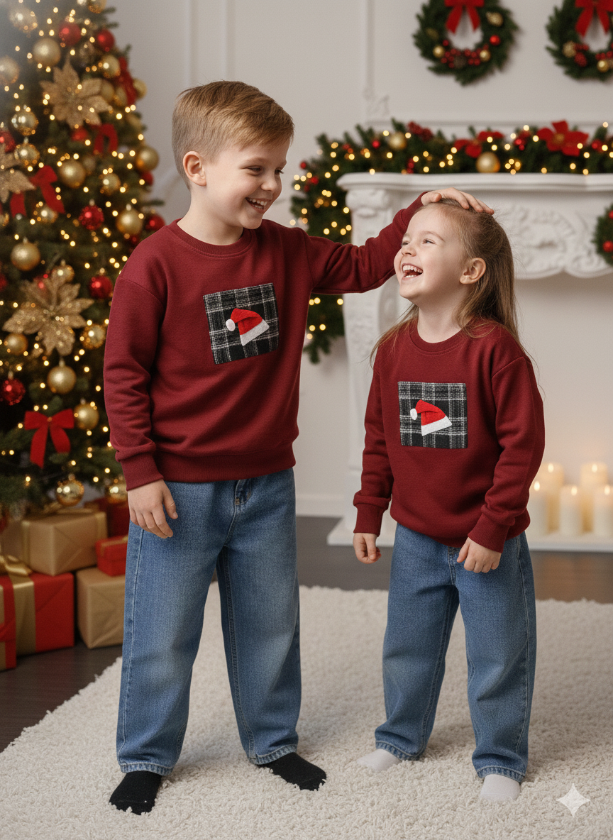Maroon Checkered Christmas Cap Appliqué T-Shirt