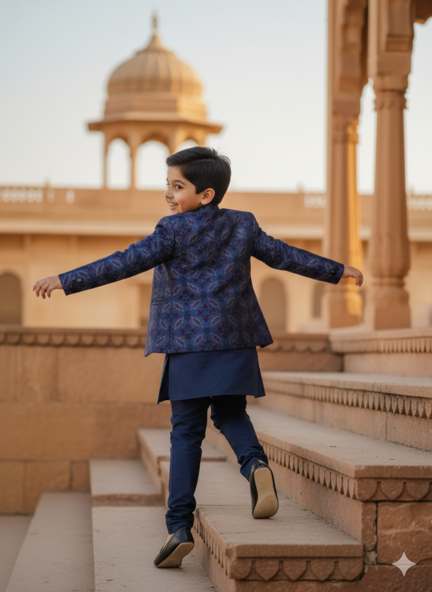 Threaded Blossom Embriodered Silk Open Jodhpuri  Pure Cotton Kurta Pajama Set -  Blue