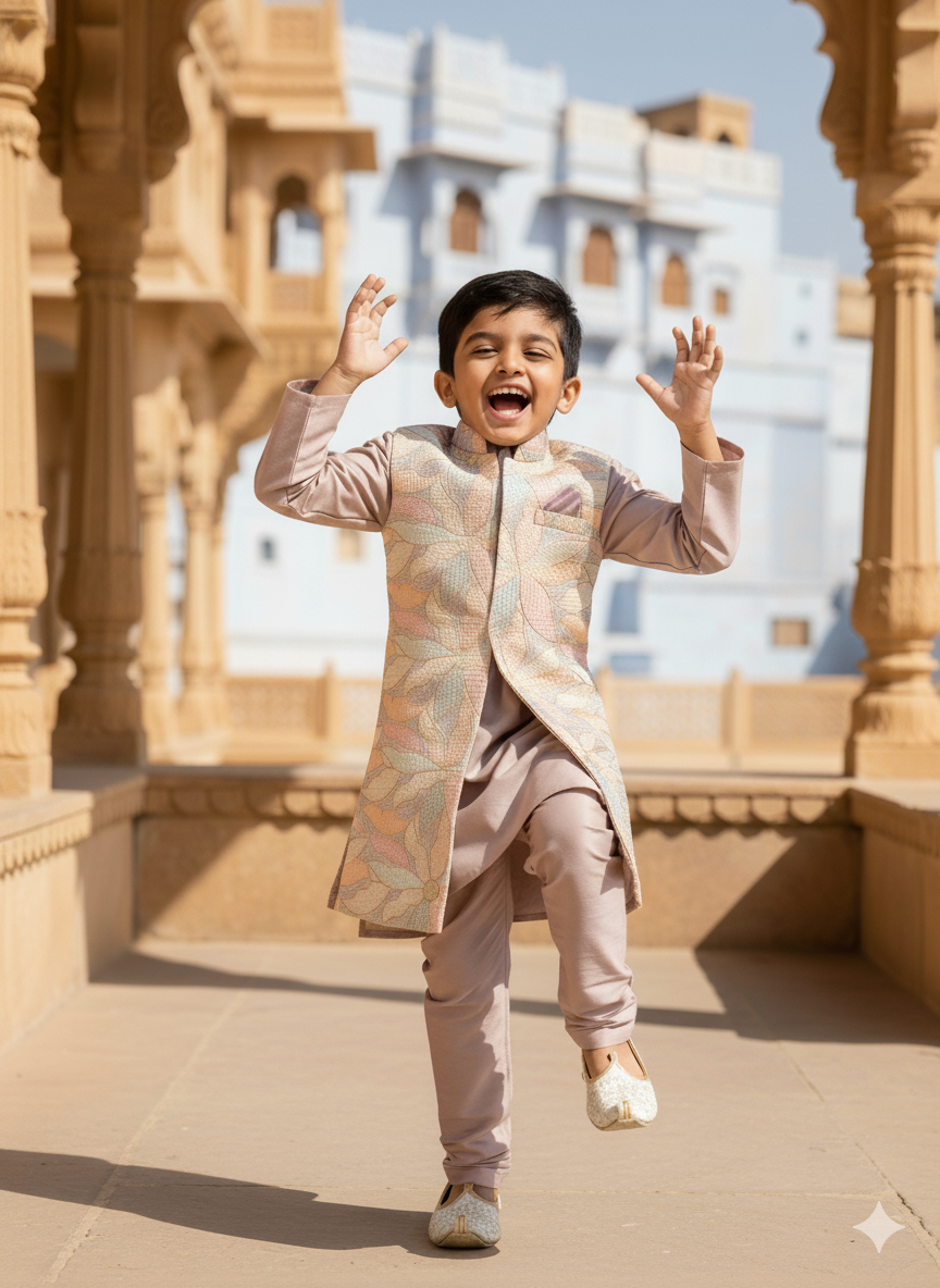 Floral Elegance Silk Long Koti Pure Cotton Kurta Pajama Set