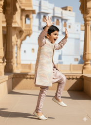 Floral Elegance Silk Long Koti Pure Cotton Kurta Pajama Set