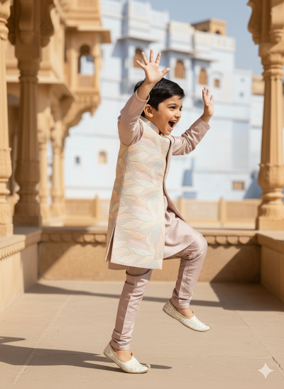 Floral Elegance Silk Long Koti Pure Cotton Kurta Pajama Set