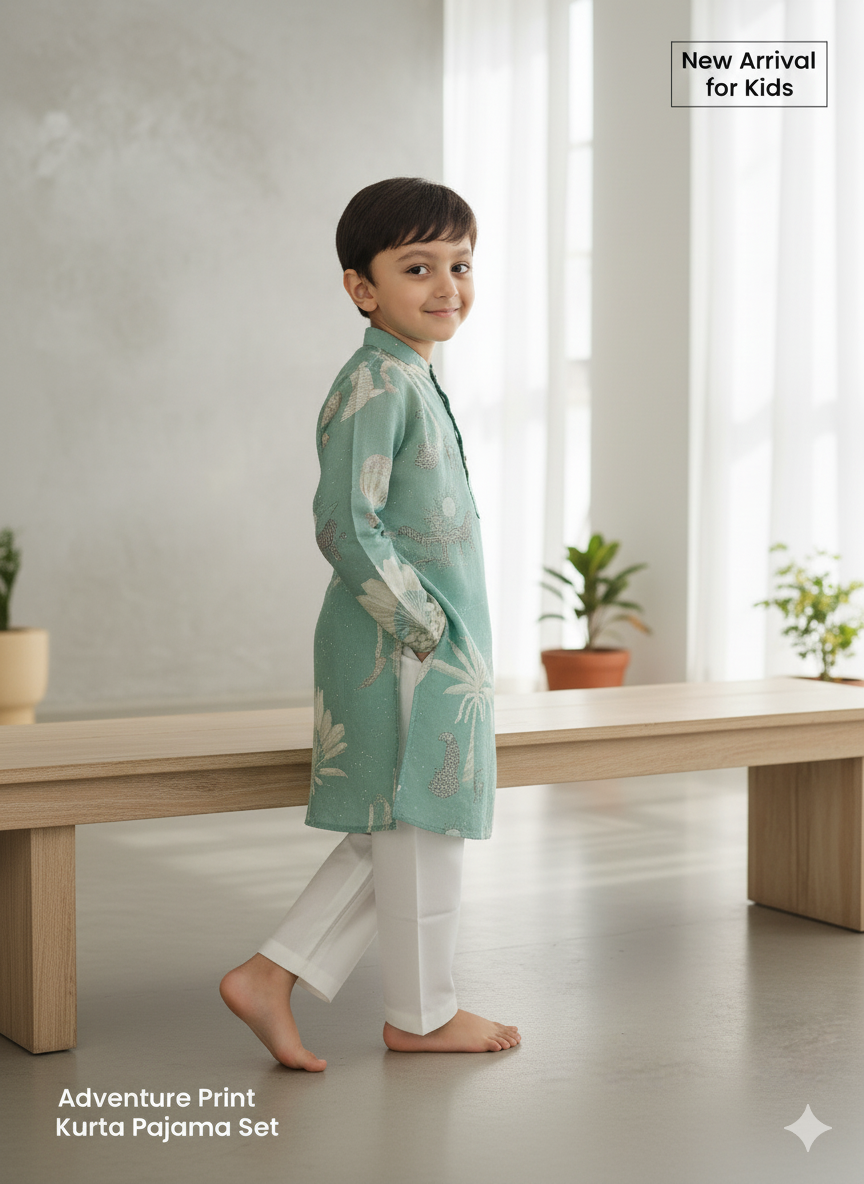 Adventure Print Pure Silk Kurta Pajama Set