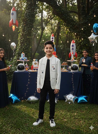 The Space Themed Off White Colour  Zipper Bomber Jacket with Black pants