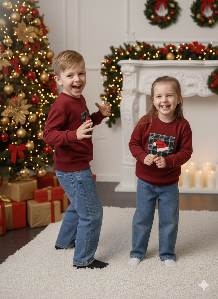 Maroon Checkered Christmas Cap Appliqué T-Shirt