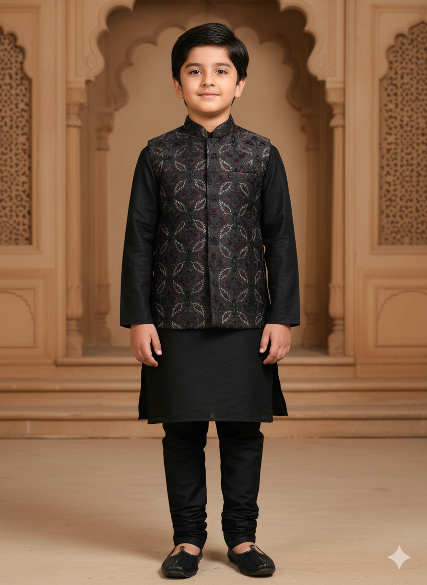 Threaded Blossom Embriodered Silk Koti Pure Cotton Kurta Pajama Set - Black