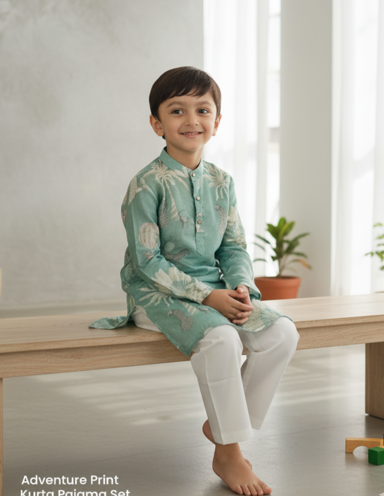 Adventure Print Pure Silk Kurta Pajama Set