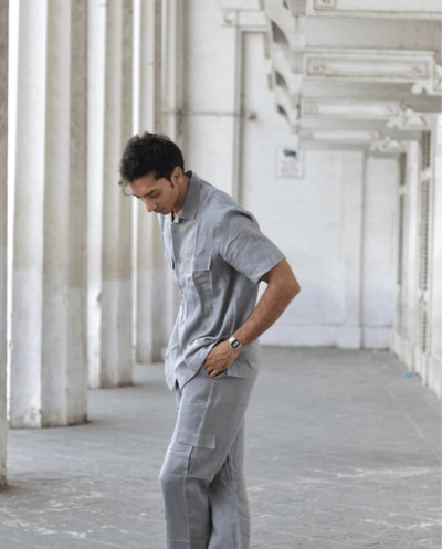 Solid Colour Pure Linen Co-ord Sets - Light Grey - Funny Bones Clothings