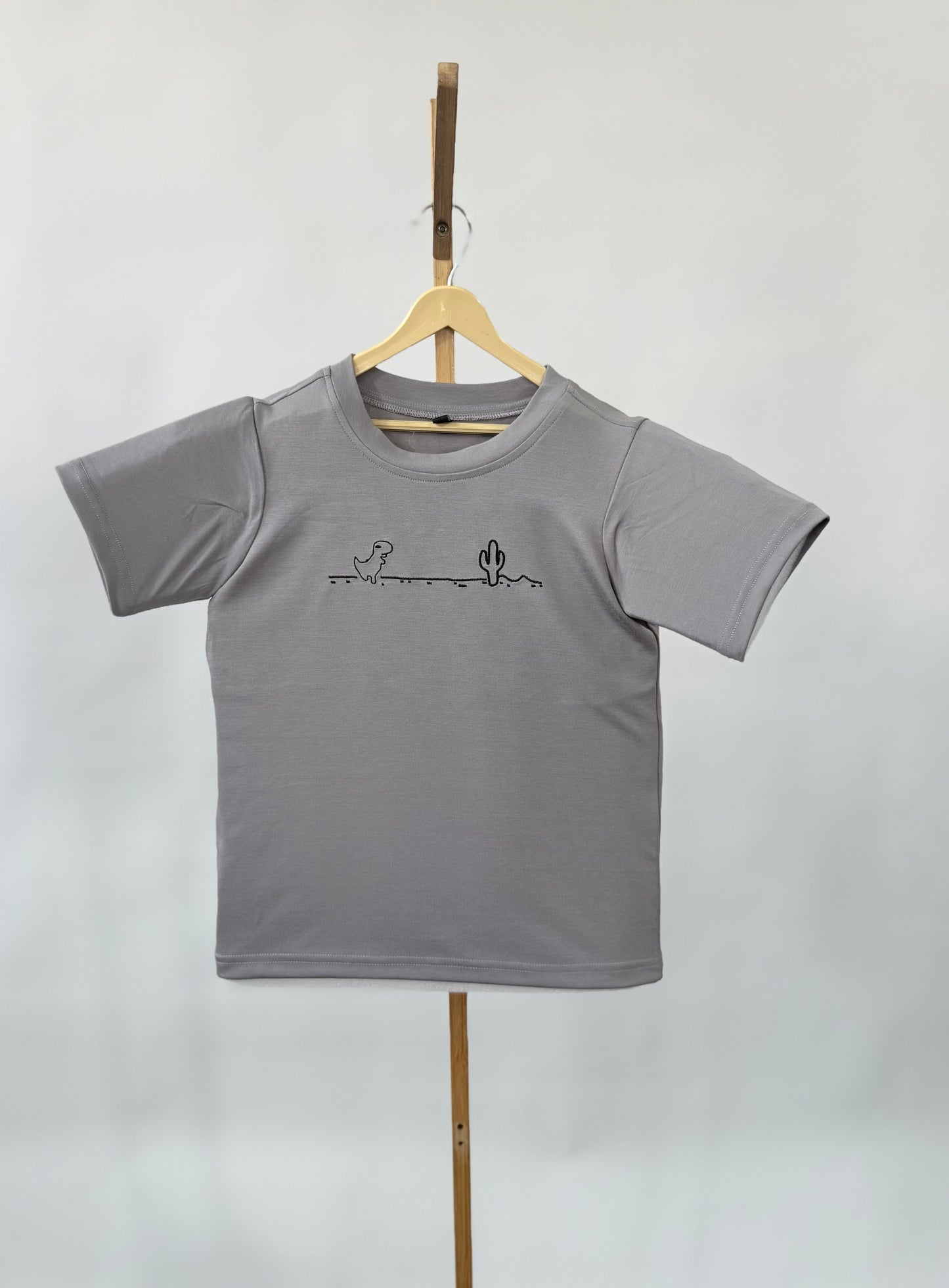 Tencel™ Fabric Dino Walking in Forest Themed Embroidered Half Sleeves T-Shirt