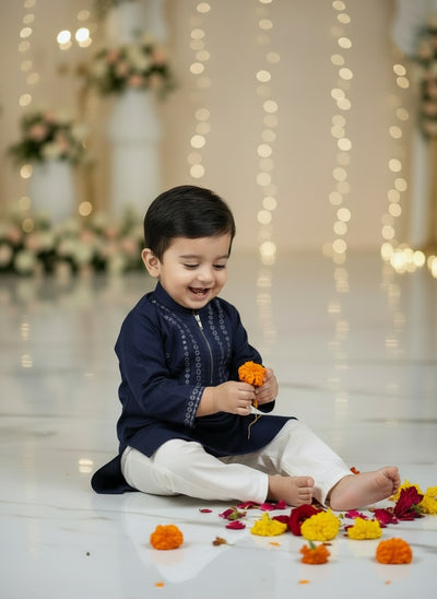 Royal Navy Blue Mirror work Kurta Pajama Set