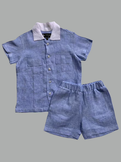 Classic Unisex Blue White Collared Shirt & Shorts Set - Funny Bones Clothings
